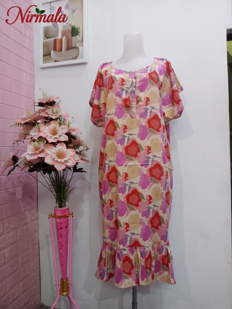 Cheerful Pink Floral Ruffle House Dress
