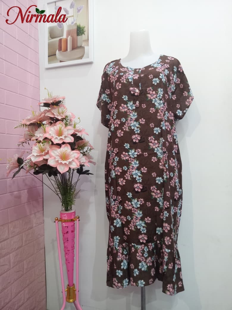 Floral Mocha Ruffle Hem House Dress
