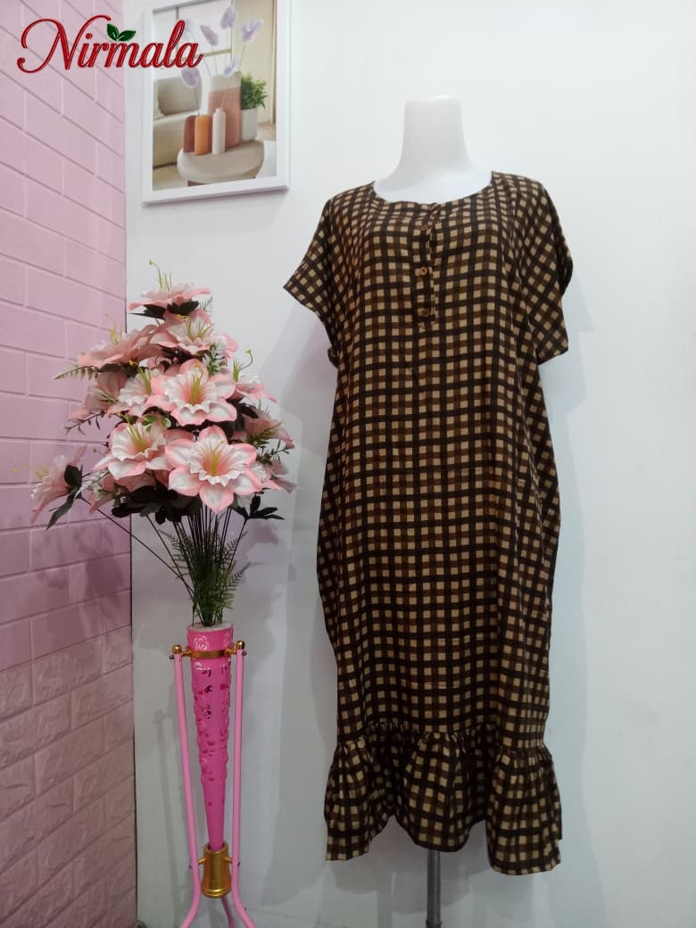 Brown Gingham Ruffle Hem House Dress