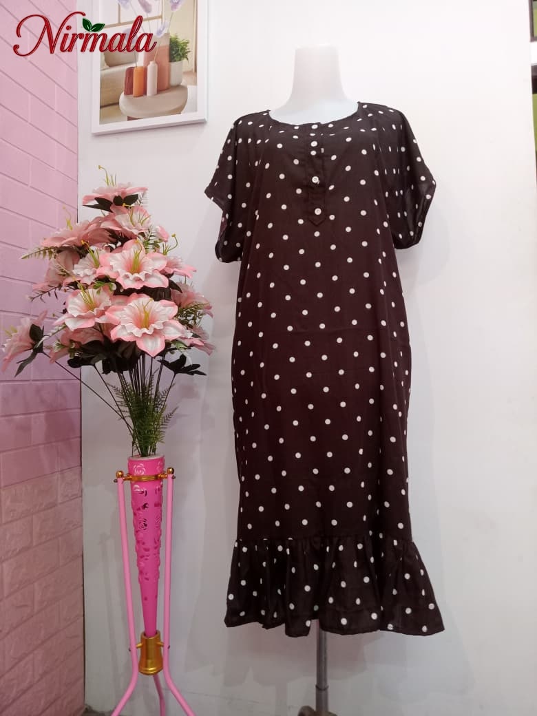 Burgundy Polka Dot Ruffle Hem House Dress